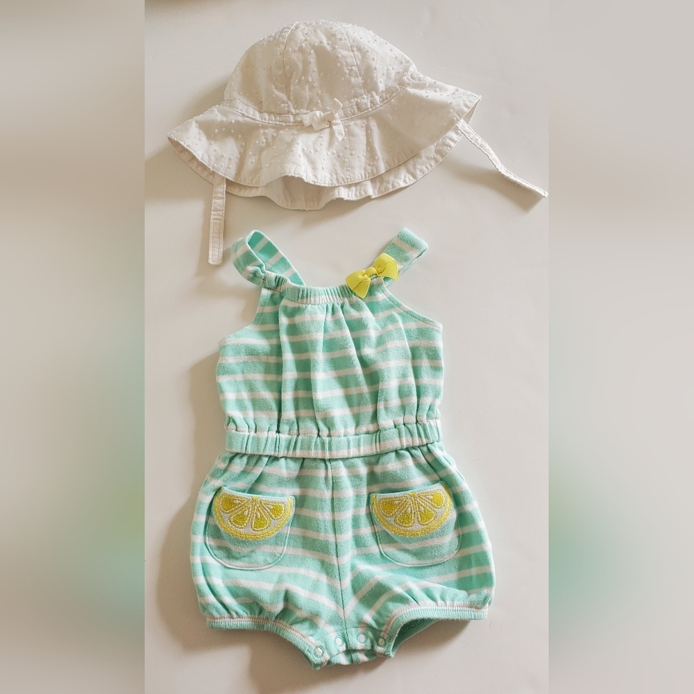 Gymboree Aqua Stripe Lemon Summer Romper With Bucket Hat Size 12-18m